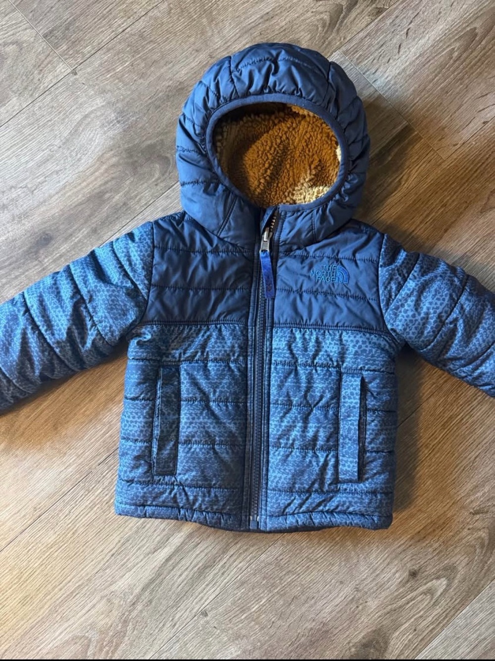 The North Face Kids Blue Hooded Puffer Jacket with Contrasting Lined Hood